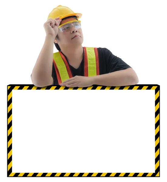 Manliga byggnadsarbetare med Standard konstruktion säkerhet utrusta — Stockfoto