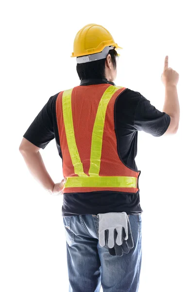 Vista trasera del trabajador de la construcción masculino con construcción estándar —  Fotos de Stock