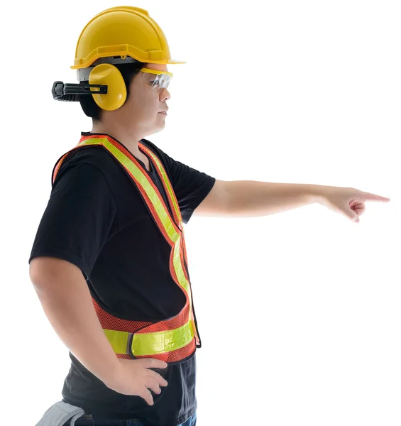 Vista lateral del trabajador de la construcción masculino con construcción estándar — Foto de Stock
