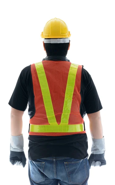 Rear view of male construction worker with Standard construction — Stock Photo, Image