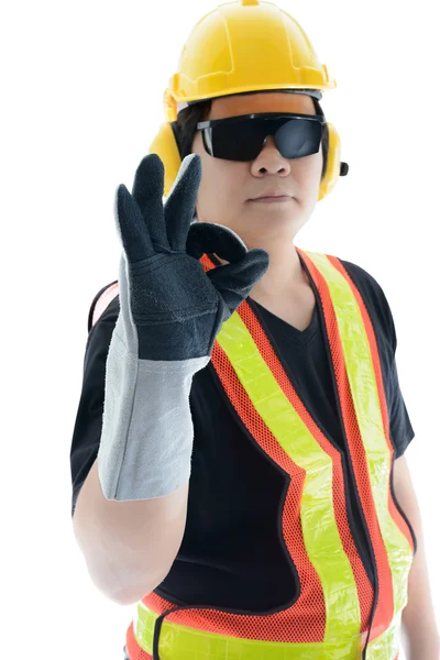 Εξοπλίστε αρσενικό εργάτες με ασφάλεια πρότυπο κατασκευής — Φωτογραφία Αρχείου
