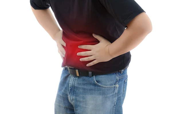 Douleur abdominale. Homme souffrant de maux d'estomac. Il tient son st — Photo