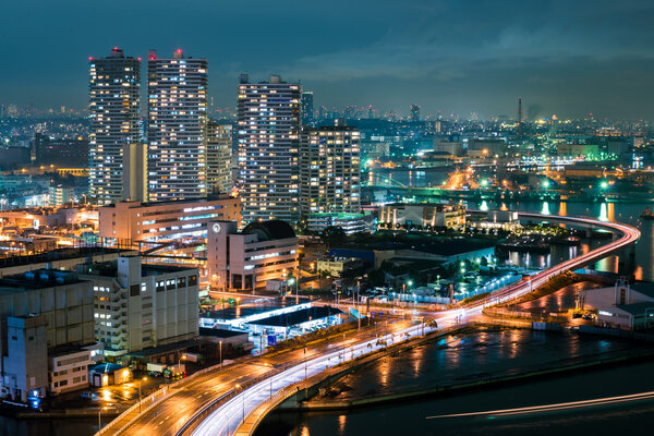 Night view Yokohama Bay. showing the Yokohama Bay and Tokyo city at the far end