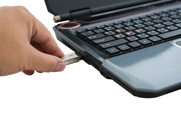 Plugging removable flash disk memory into laptop — Stock Photo, Image