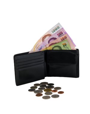 siyah deri cüzdan izole para ile
