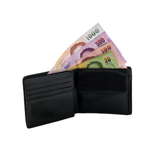 Black leather wallet with money isolated — Stock Photo, Image