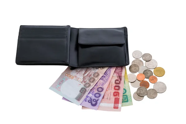 Black leather wallet with money isolated — Stock Photo, Image