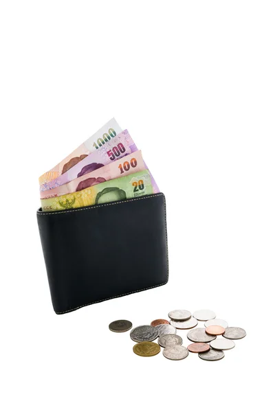 Black leather wallet with money isolated — Stock Photo, Image