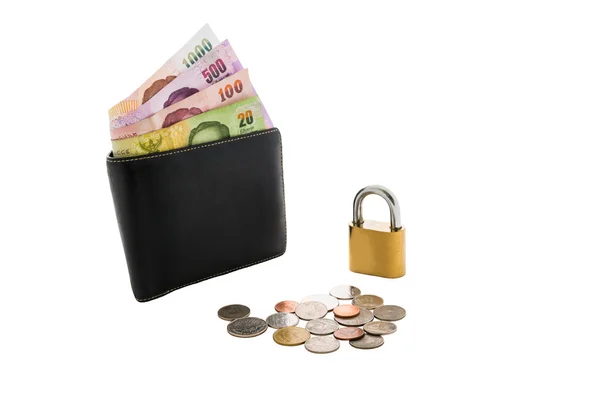 Black wallet and  locked on the white background — Stock Photo, Image
