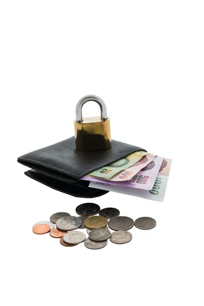 Black wallet and  locked on the white background — Stock Photo, Image