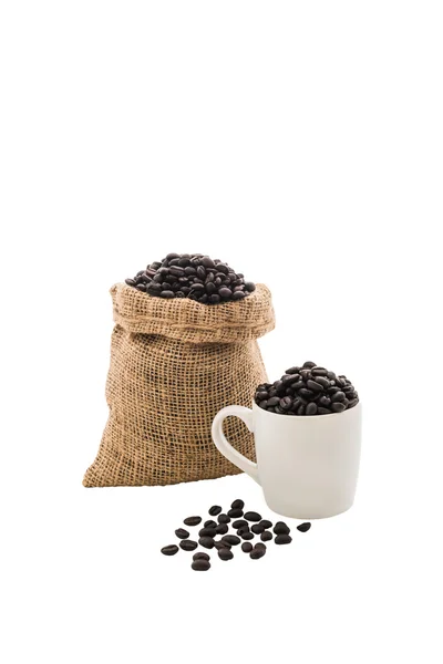 Coffee beans in bag and white coffee cup — Stock Photo, Image