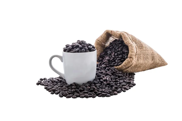 Coffee beans in bag and white coffee cup — Stock Photo, Image