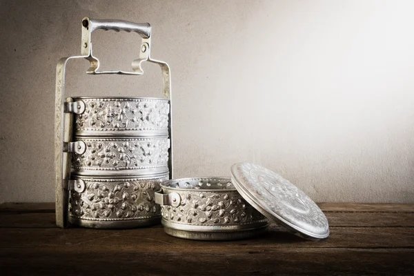 Metal Tiffin carrier, thai food carrier on wooden table backgrou — Stock Photo, Image