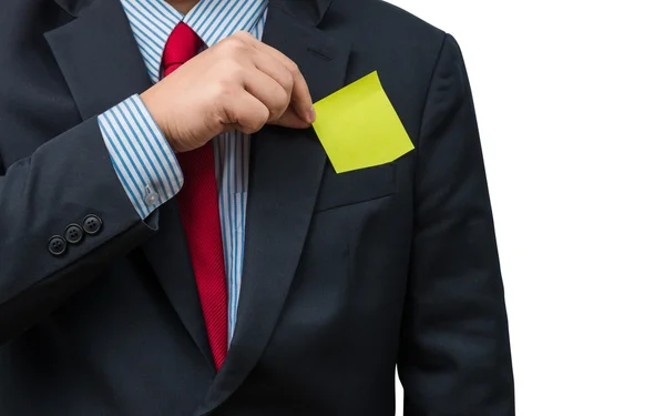 Part of body of business man who takes out Yellow notepad from t — Stock Photo, Image