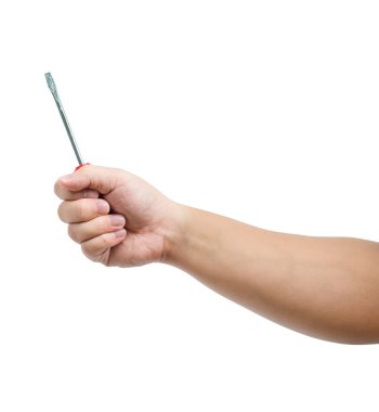 Beyaz arka plan üzerinde izole tornavida tutan el