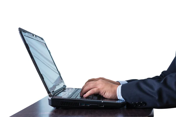 Zakenman aan notitieblok op houten tafel — Stockfoto