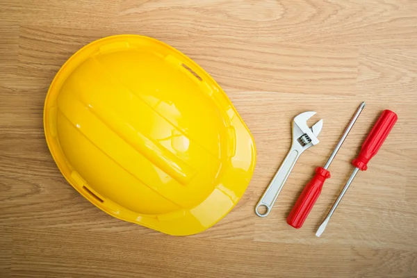 Yellow Safety Helmet Hat and tools — Stock Photo, Image