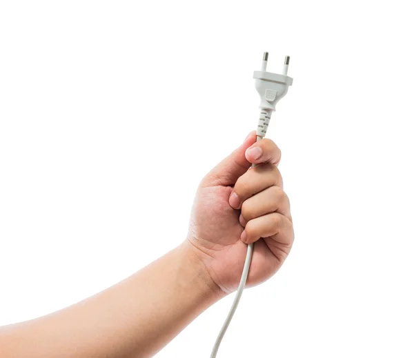 Ręczne trzymanie wtyczki elektrycznej izolowane na białym tle — Zdjęcie stockowe
