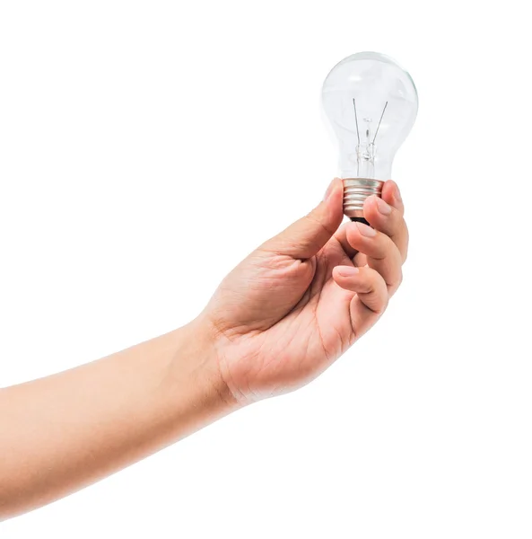 Hand met een gloeilamp geïsoleerd op witte backgr — Stockfoto