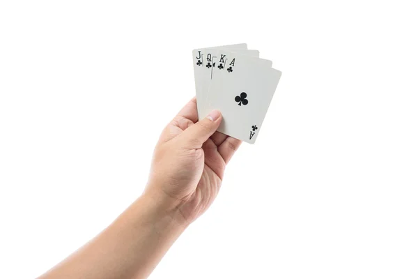 Spielkarten in der Hand isoliert auf weißem Hintergrund — Stockfoto