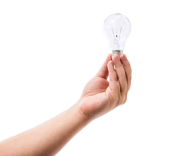 Mão segurando uma lâmpada incandescente isolada no backgr branco — Fotografia de Stock