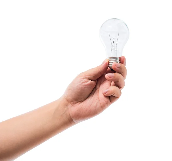 Hand met een gloeilamp geïsoleerd op witte backgr — Stockfoto