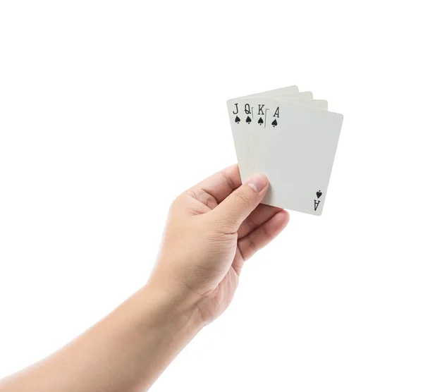 Παίζοντας χαρτιά στο χέρι απομονώνονται σε λευκό φόντο — Φωτογραφία Αρχείου