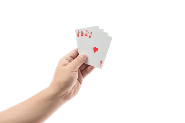 Jogando cartas na mão isolado no fundo branco — Fotografia de Stock