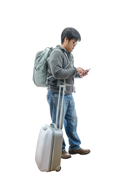 Teljes hosszúságú, a fiatal utazók használ smartphone — Stock Fotó