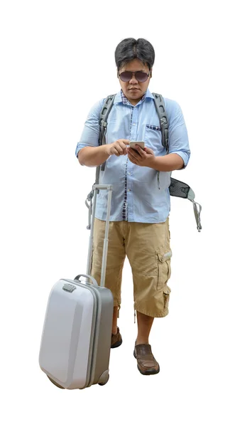 Full length of young traveler using  smartphone — Stock Photo, Image