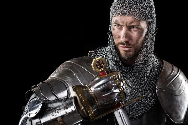 Medieval Warrior with chain mail armour and sword — Stock Photo, Image