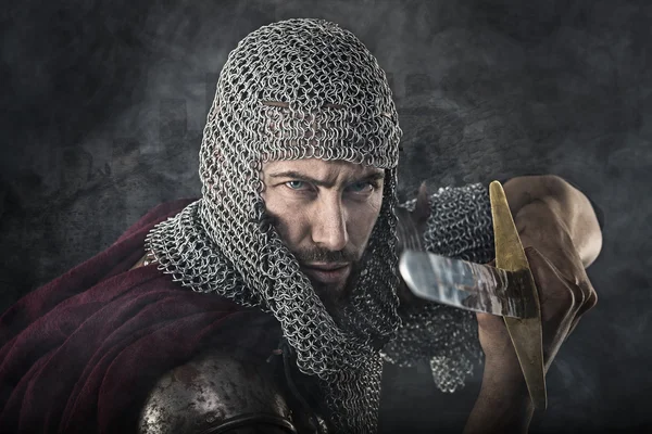 Medieval Warrior with chain mail armour and sword — Stock Photo, Image