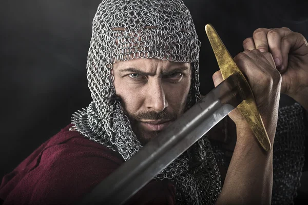 Medieval Warrior with chain mail armour and sword — Stock Photo, Image