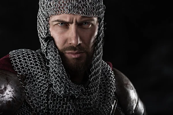 Medieval Warrior with chain mail armour and red Cloak — Stock Photo, Image