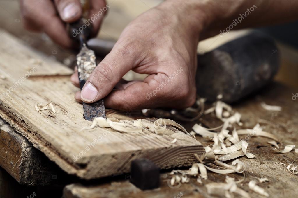 Closeup Chisel Carpentry Joinery Hand Cutting Stock Photo 2195172735