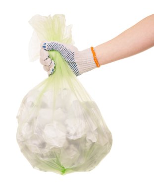 Beyaz çöp bir torba tutarak eldiven el