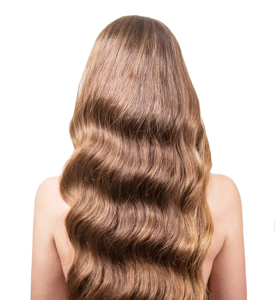 Menina com cabelo ondulado lindo está de volta, close-up em branco — Fotografia de Stock