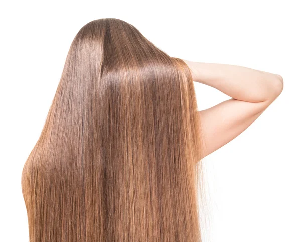 Menina com longos cabelos lisos levanta de sua mão no branco — Fotografia de Stock