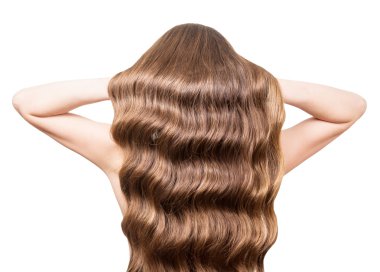 Lüks, dalgalı saç kahverengi el kaldırdı üzerine beyaz izole.