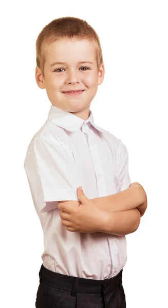 Estudiante sonriente con camisa blanca y pantalones negros aislados — Foto de Stock