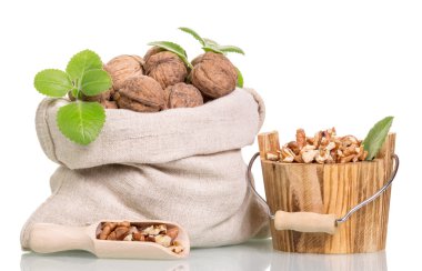 Kova ve izole Kepçe soyulmuş bütün ceviz ile çanta.