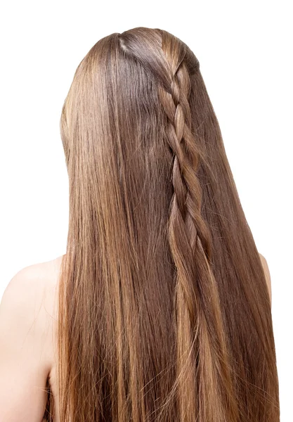 Well-groomed, beautiful hair young girl partially braided in  braid. Isolated on white background. — Stock Photo, Image