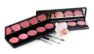 Palet, üzerinde beyaz izole makyaj için fırçalar.