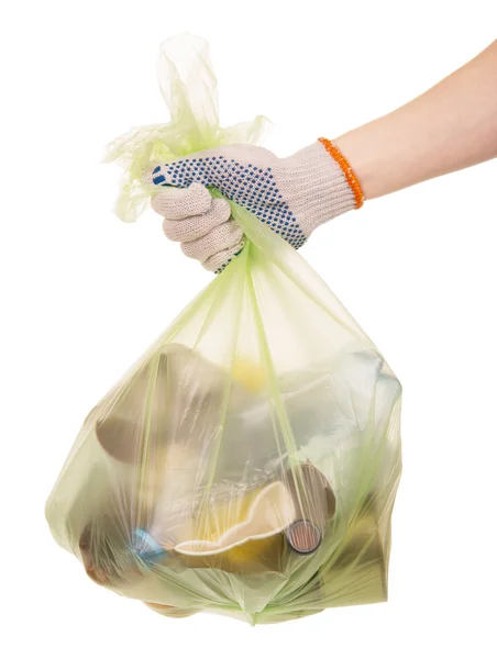 Package with household waste in woman hand isolated on white. — Stock Photo, Image