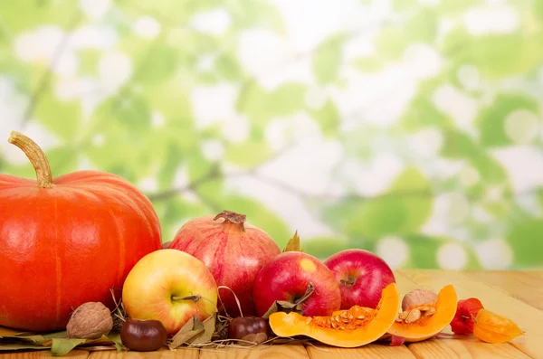 Regalos de otoño: calabaza, manzanas, granadas sobre fondo verde abstracto . —  Fotos de Stock