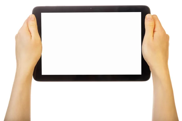 Жінки руки тримають цифровий планшет з порожнім екраном ізольовані . — стокове фото