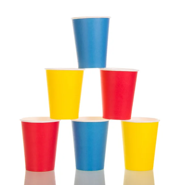 Pyramid  bright paper disposable cups isolated on white background. — Stock Photo, Image