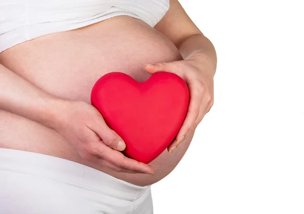 Zwangere vrouw met rood hart in handen geïsoleerd op wit. — Stockfoto