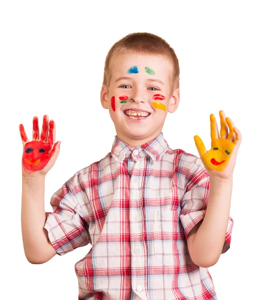 Vrolijke jongen met gezicht en palmen geschilderd verf geïsoleerd. — Stockfoto