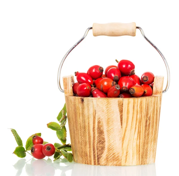 Wooden bucket with fresh berries wild rose isolated on white. — Stock Photo, Image